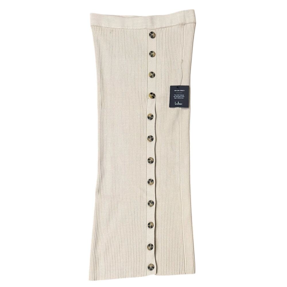 NEW Lulus Women’s Size M Beige Tan Ribbed Knit Button Bodycon Midi Skirt Office